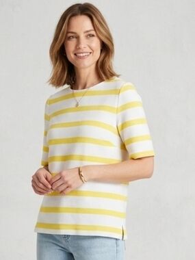 Talbots White & Yellow Striped Short-Sleeve Knit Top With Lace Up Back Size Med